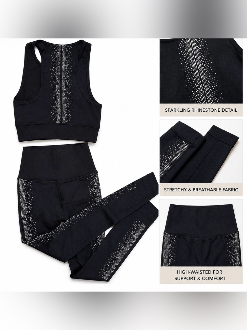 Fabletics XS Black Activewear Set Rhinestone Leggings & Sports Bra Gym Set